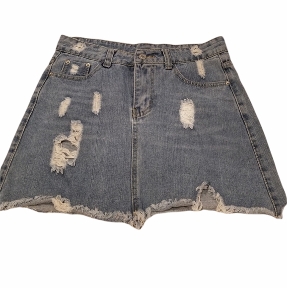 Distressed Ripped Frayed Denim Mini Skirt - Picture 2 of 11